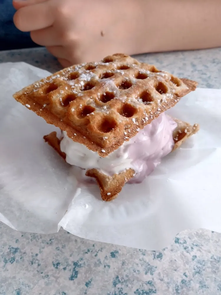 Waffle Ice Cream Sandwich with Flavor of the Week Swirled with Vanilla